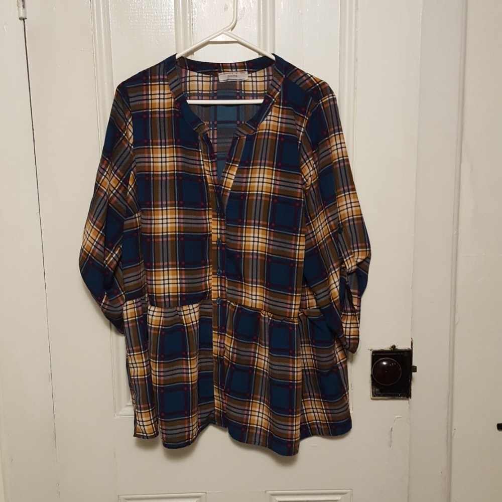 Modcloth Green and Yellow Plaid Button Blouse 2x